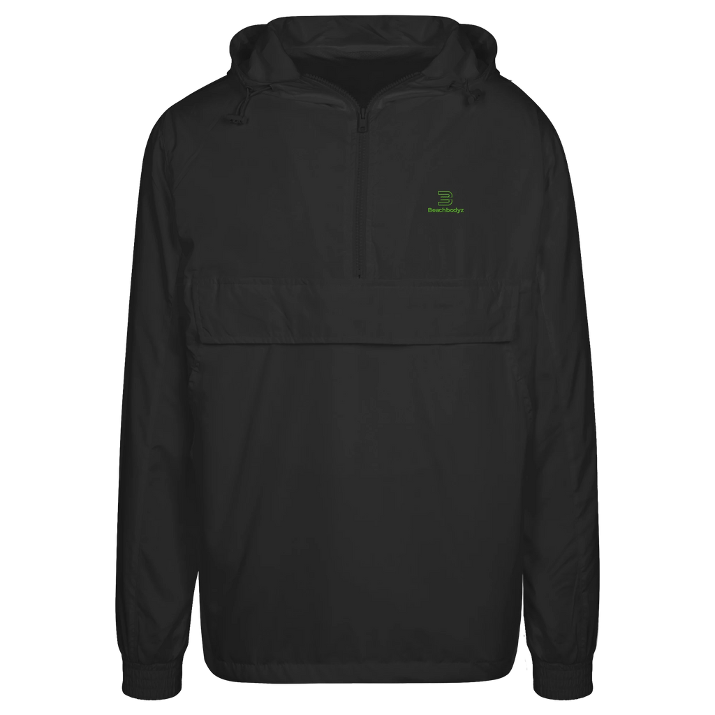 BeachBodyz® black lightweight streetwear windbreaker jacket with green logo on chest and large front pocket.