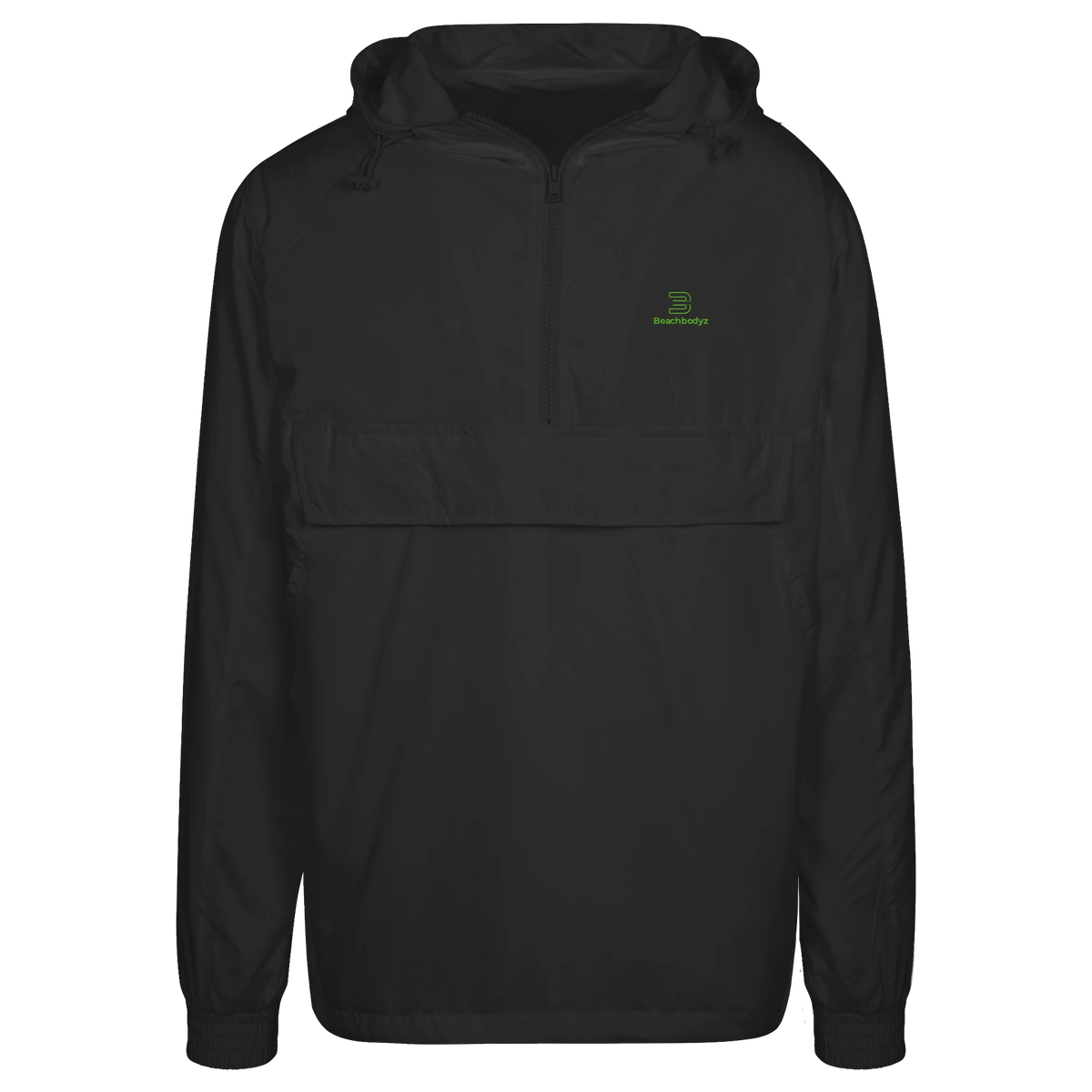 BeachBodyz® black lightweight streetwear windbreaker jacket with green logo on chest and large front pocket.