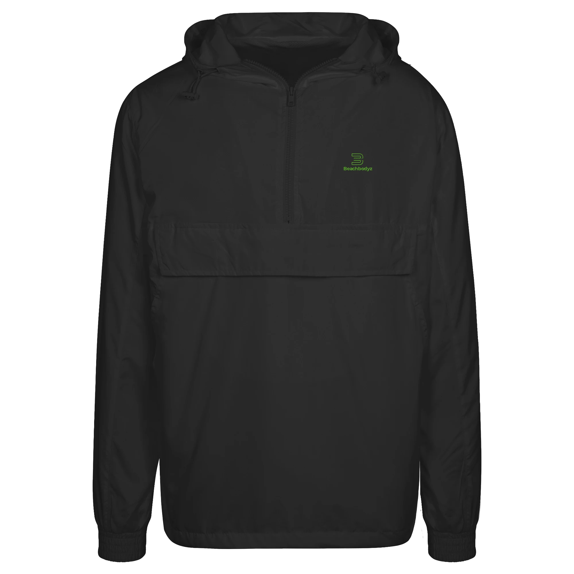 BeachBodyz® black lightweight streetwear windbreaker jacket with green logo on chest and large front pocket.