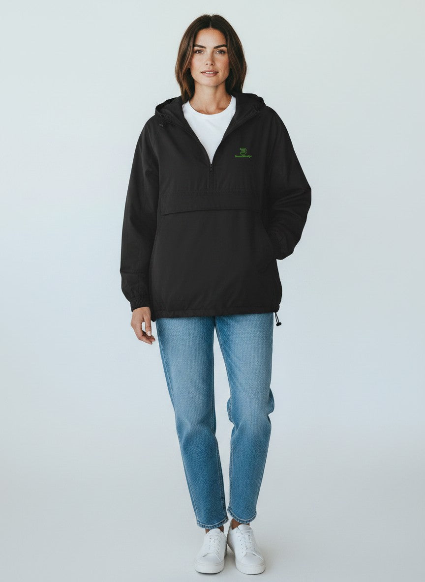 BeachBodyz® black lightweight streetwear windbreaker jacket with green logo on chest and large front pocket.