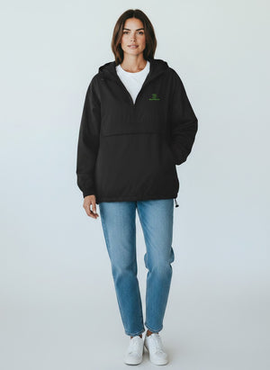 BeachBodyz® black lightweight streetwear windbreaker jacket with green logo on chest and large front pocket.