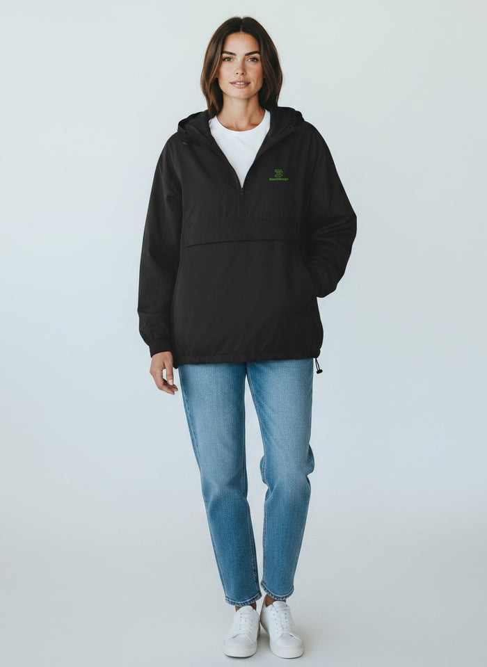 BeachBodyz® black lightweight streetwear windbreaker jacket with green logo on chest and large front pocket.