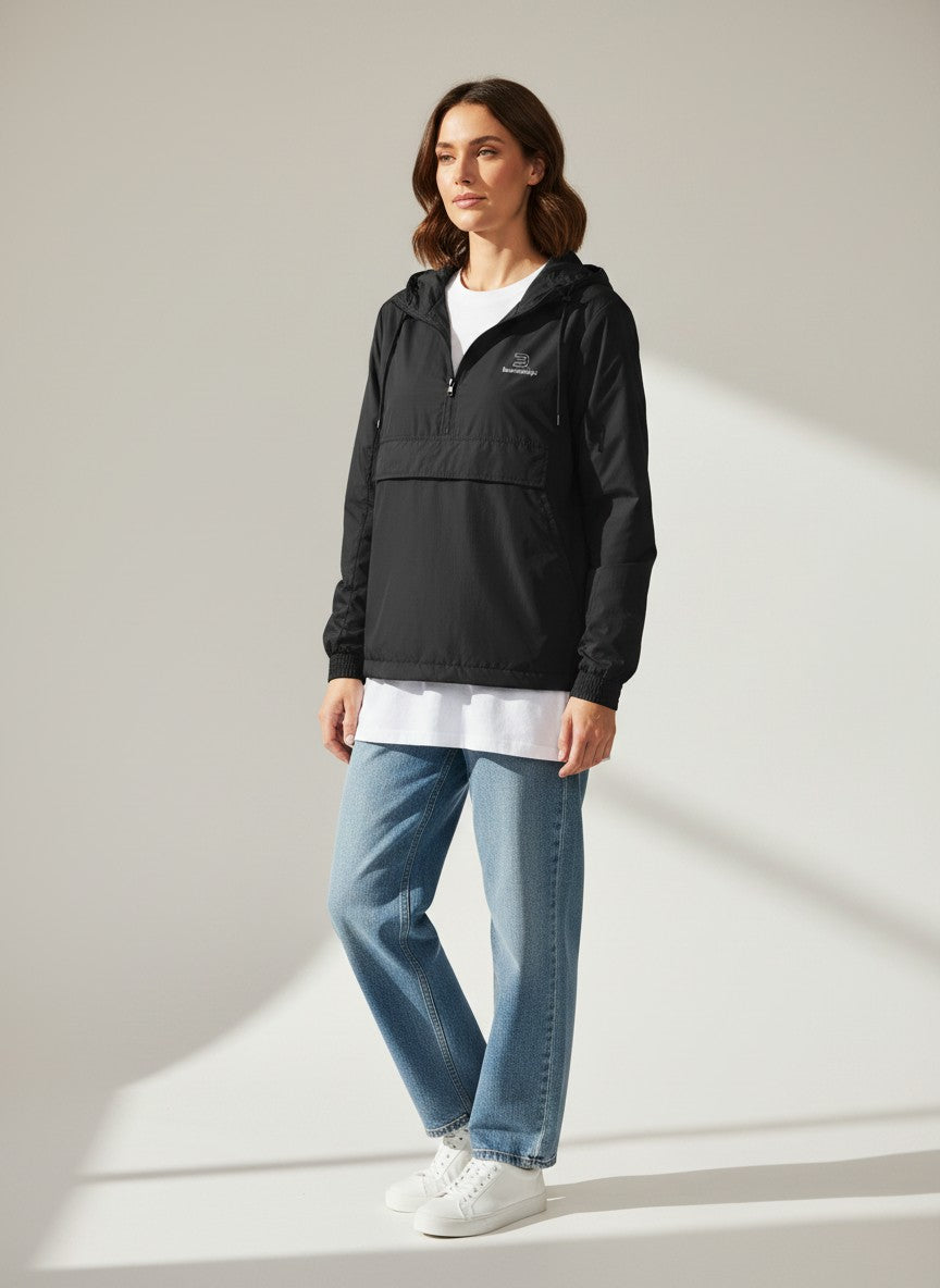 BeachBodyz® black lightweight windbreaker jacket with hood and zip pocket. Urban streetwear style.