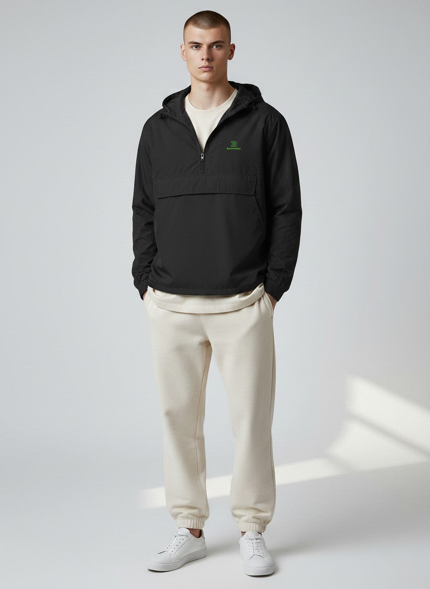 BeachBodyz® black lightweight streetwear windbreaker jacket with green logo on chest and large front pocket.