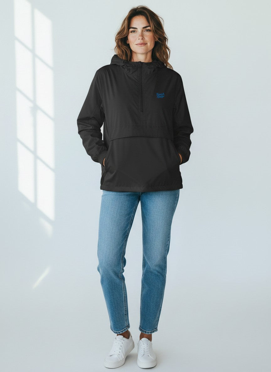 BeachBodyz® black lightweight streetwear windbreaker jacket with hood and front pouch pocket.