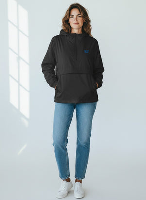 BeachBodyz® black lightweight streetwear windbreaker jacket with hood and front pouch pocket.