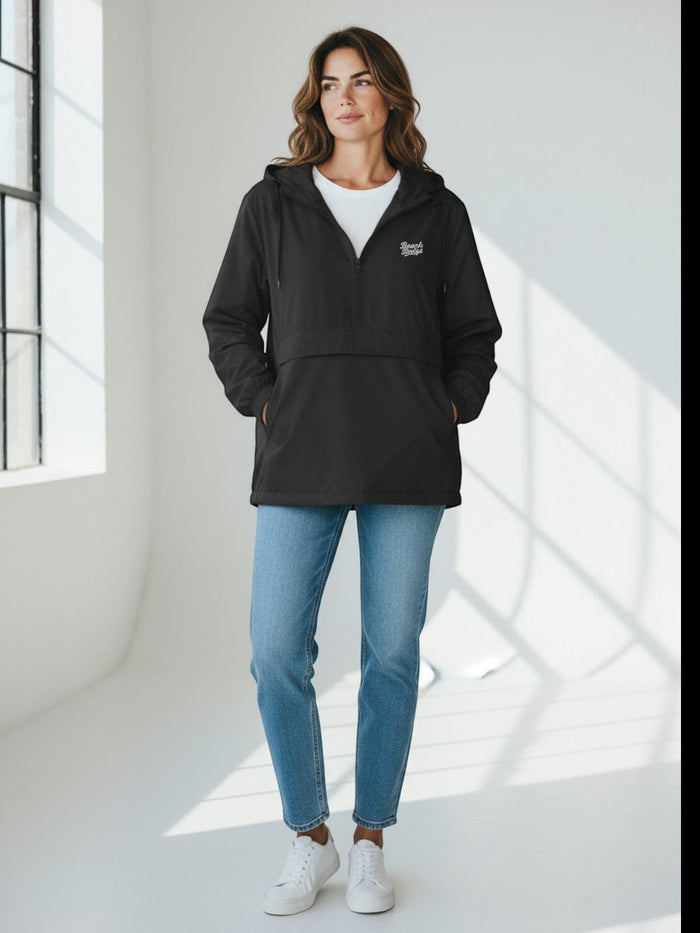 BeachBodyz® black lightweight windbreaker jacket with hood and front pouch pocket, ideal for urban streetwear.