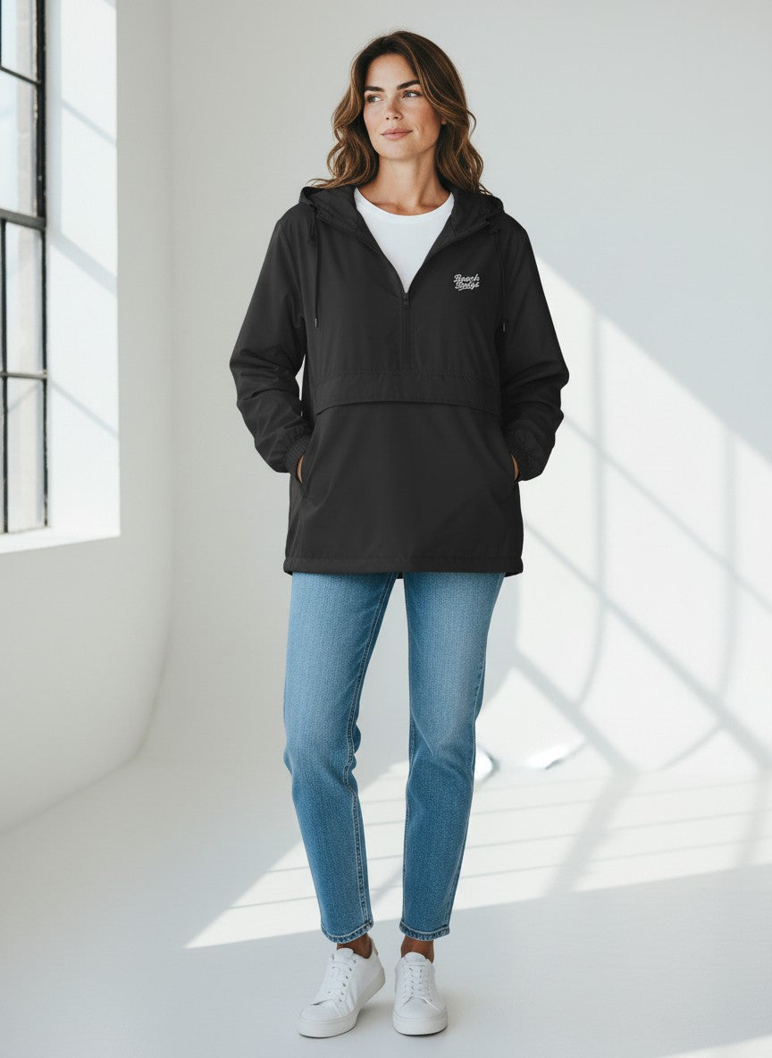 BeachBodyz® black lightweight windbreaker jacket with hood and front pouch pocket, ideal for urban streetwear.