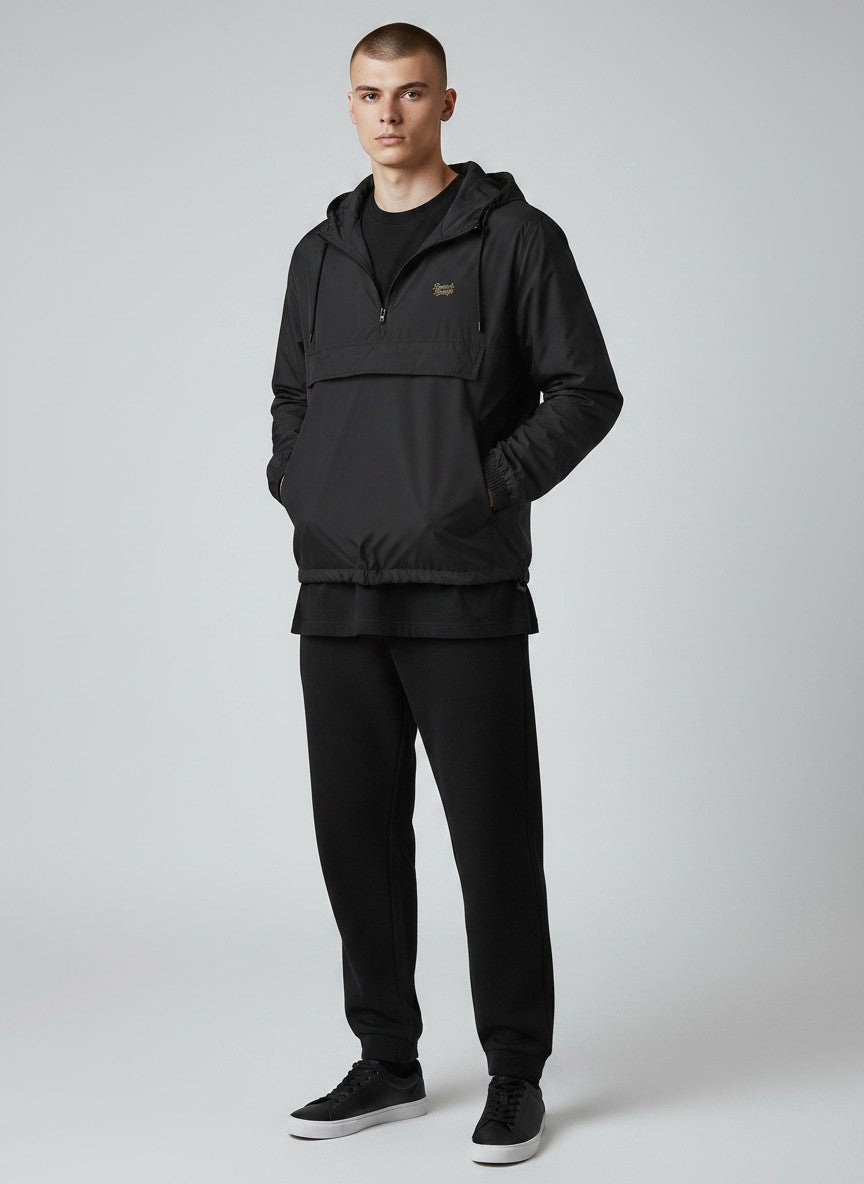 BeachBodyz® black lightweight windbreaker jacket with hood and front pouch pocket. Unisex streetwear style.