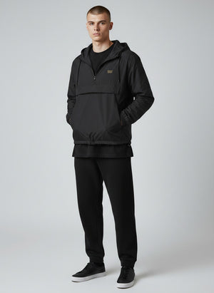 BeachBodyz® black lightweight windbreaker jacket with hood and front pouch pocket. Unisex streetwear style.