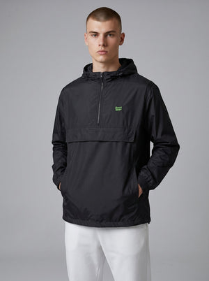 BeachBodyz® black lightweight streetwear windbreaker jacket with hood and front pouch pocket.