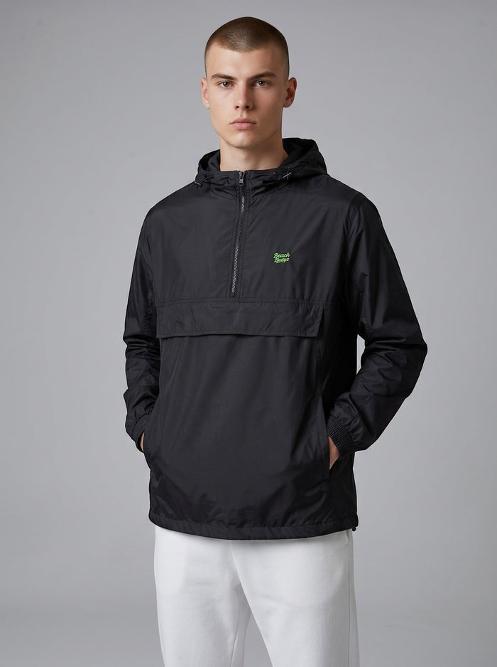 BeachBodyz® black lightweight streetwear windbreaker jacket with hood and front pouch pocket.