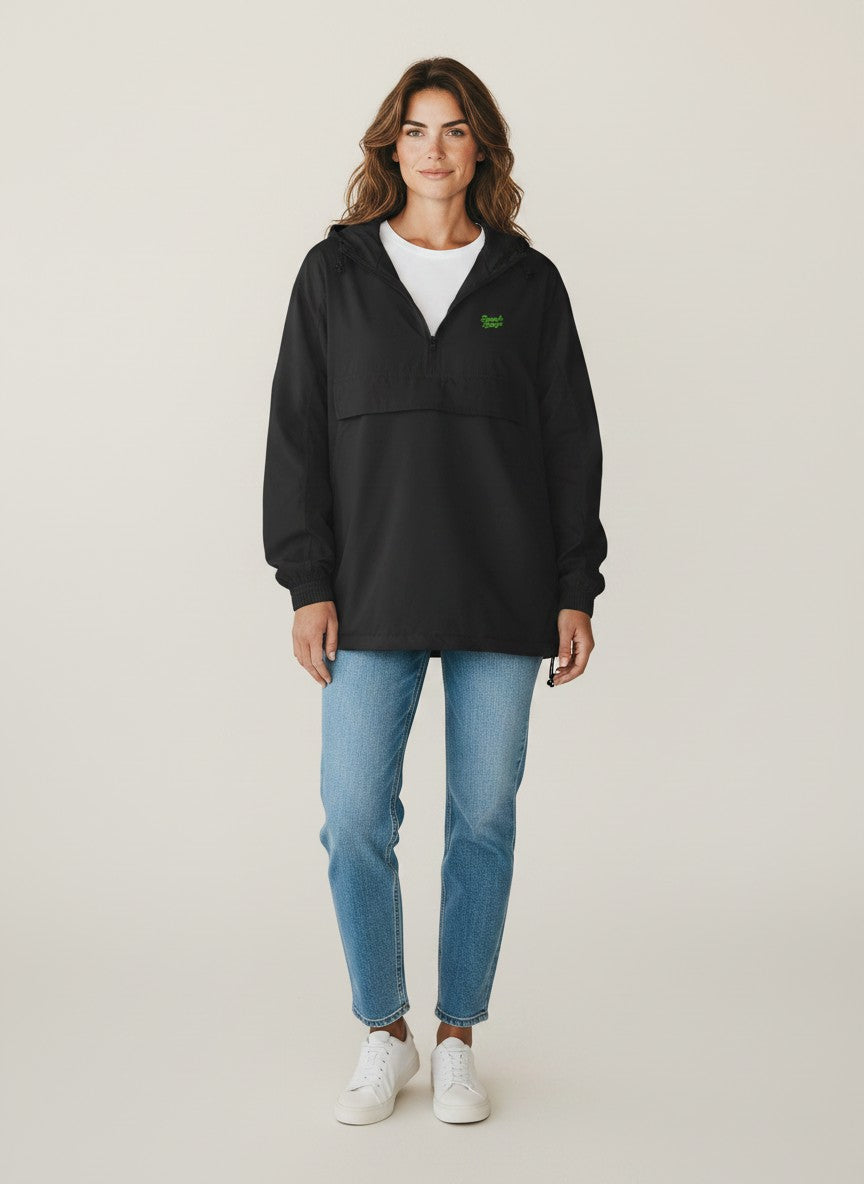 BeachBodyz® black lightweight streetwear windbreaker jacket with hood and front pouch pocket.