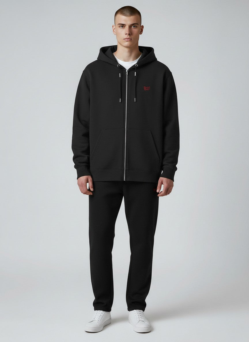 BeachBodyz® black cotton blend zip-up hoodie with red embroidered logo on chest and front pockets.