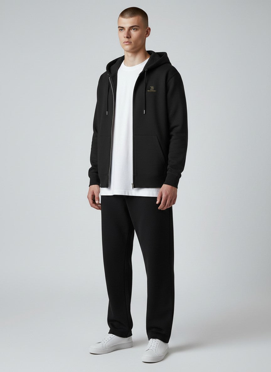 BeachBodyz® black zip-up hoodie with subtle "Silence" embroidery and logo on chest. Made from organic cotton blend.