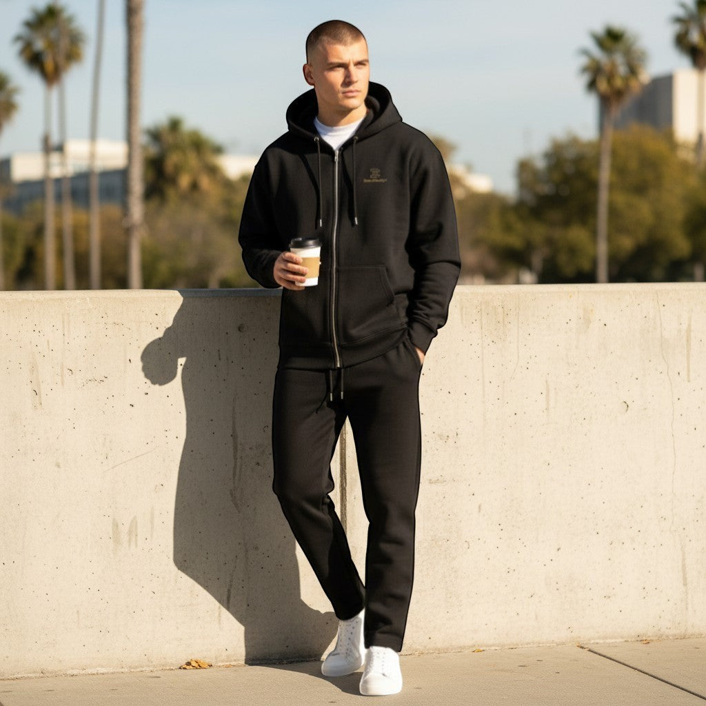 BeachBodyz® black cotton-blend zip-up hoodie with embroidered logo and front pockets.