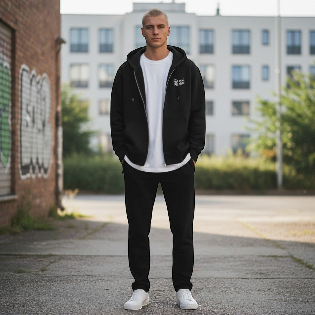 BeachBodyz® black cotton-blend zip-up hoodie with white embroidered logo and front pockets.