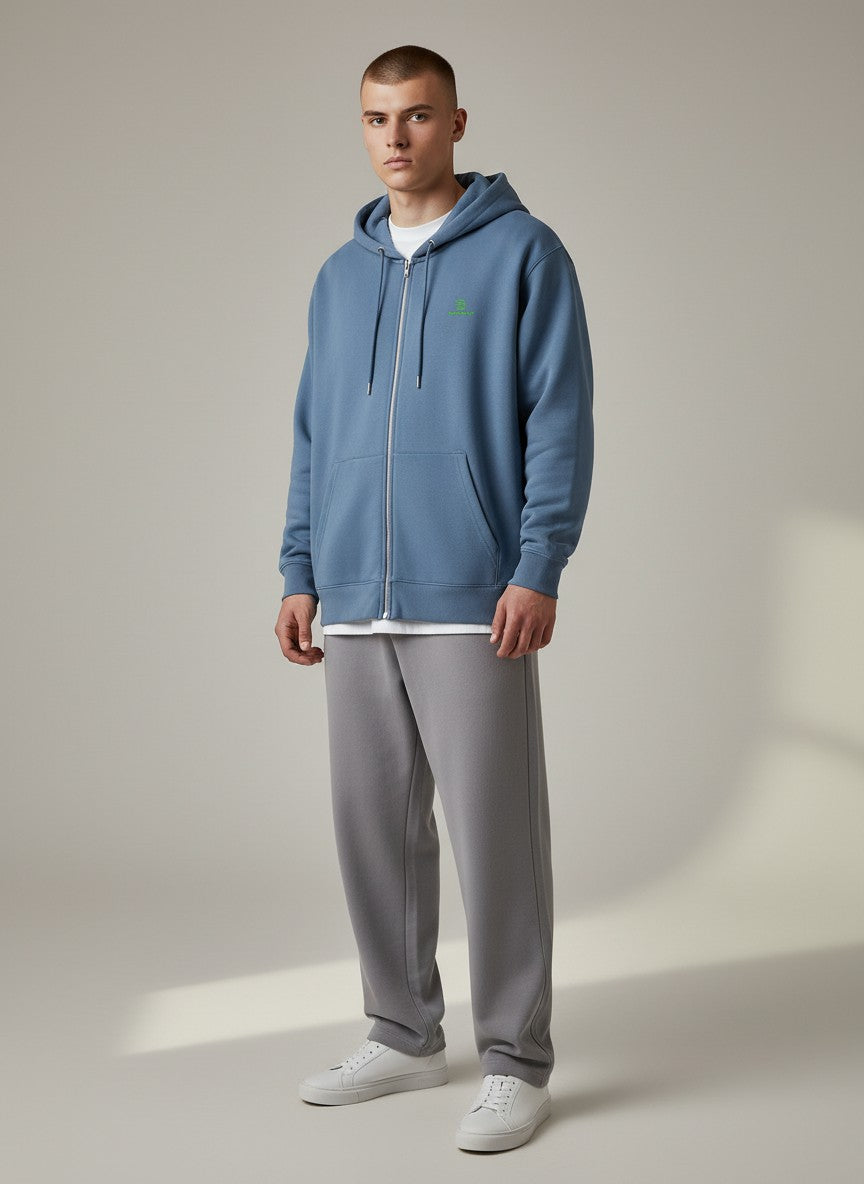 BeachBodyz® blue zip-up hoodie with embroidered logo, made from cotton blend, featuring a hood and front pockets.