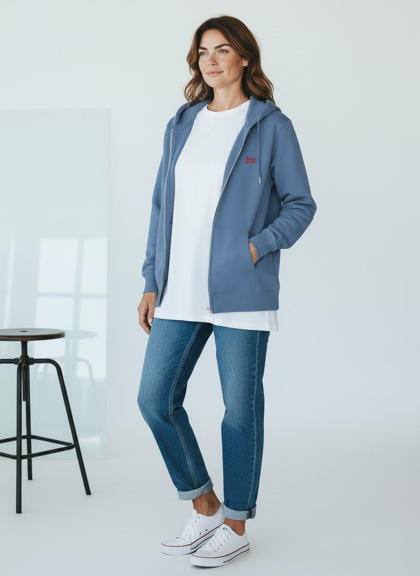 BeachBodyz® blue cotton blend zip-up hoodie with red embroidered logo on chest and front pockets.