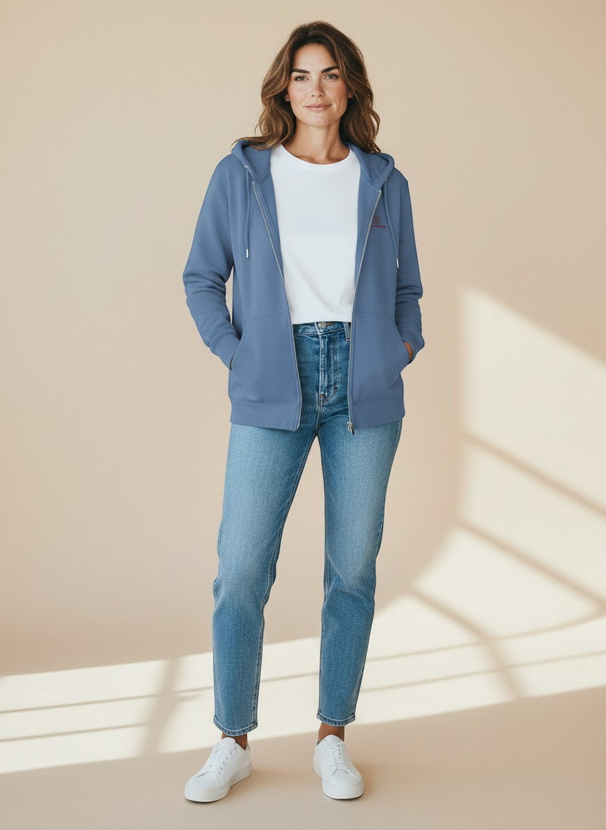 BeachBodyz® blue cotton zip-up hoodie with embroidered logo and front pockets.