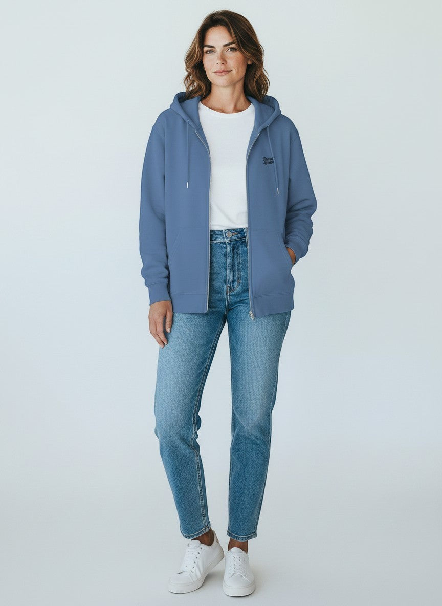 BeachBodyz® blue cotton blend zip-up hoodie with subtle chest embroidery and front pockets.