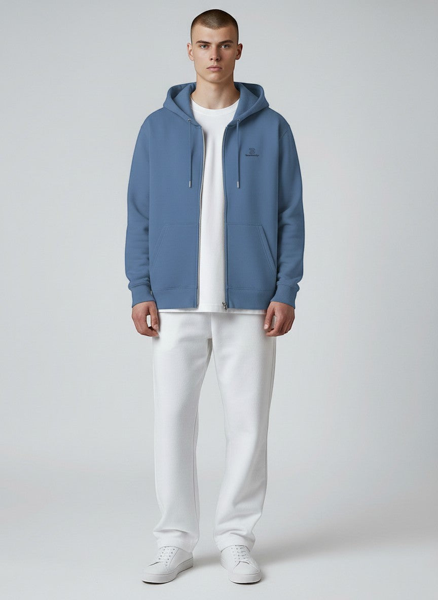 BeachBodyz® blue zip-up hoodie with embroidered logo and front pockets, made from soft cotton blend.