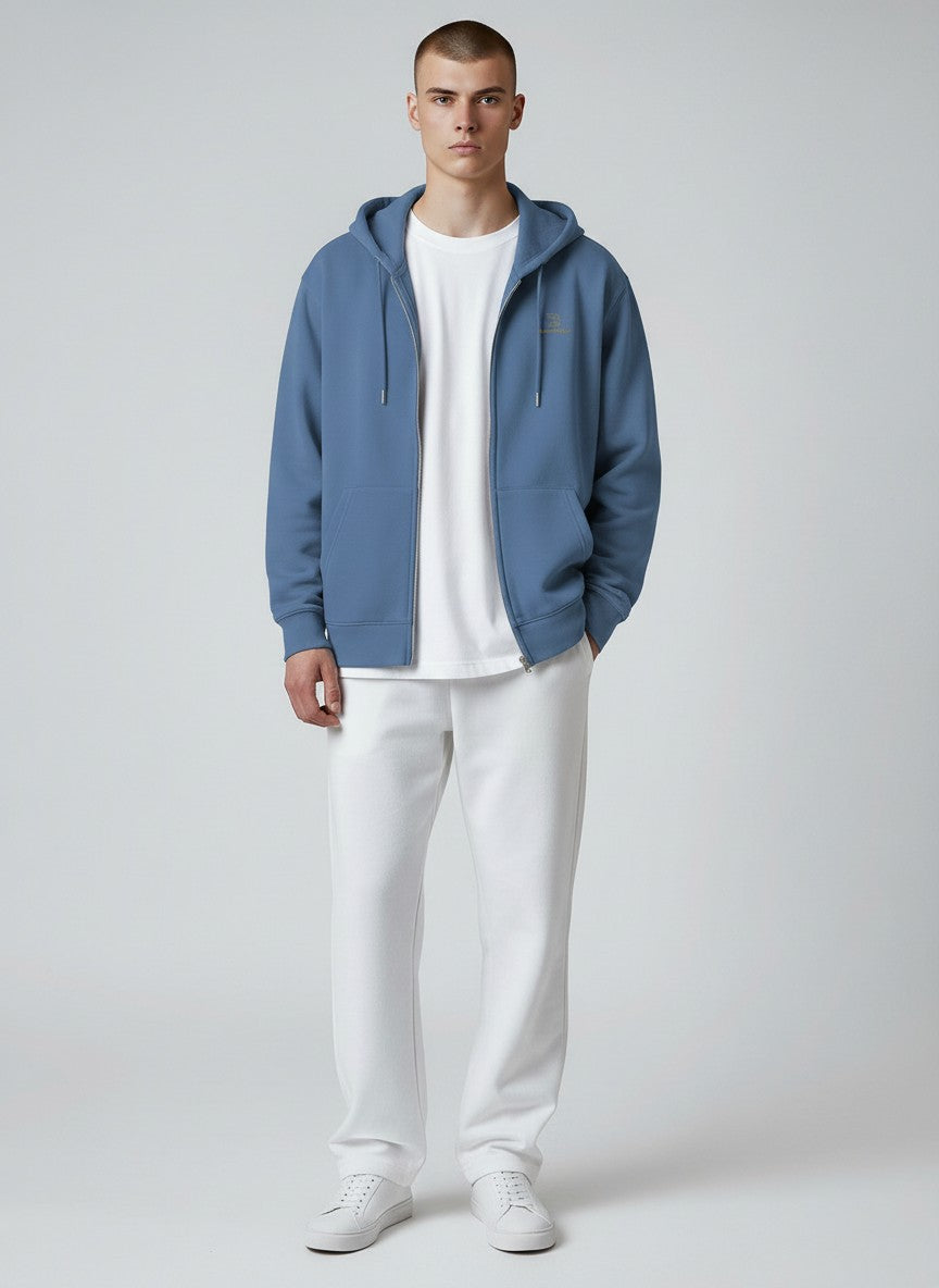 BeachBodyz® blue organic cotton zip-up hoodie with subtle embroidered logo on chest and front pocket.