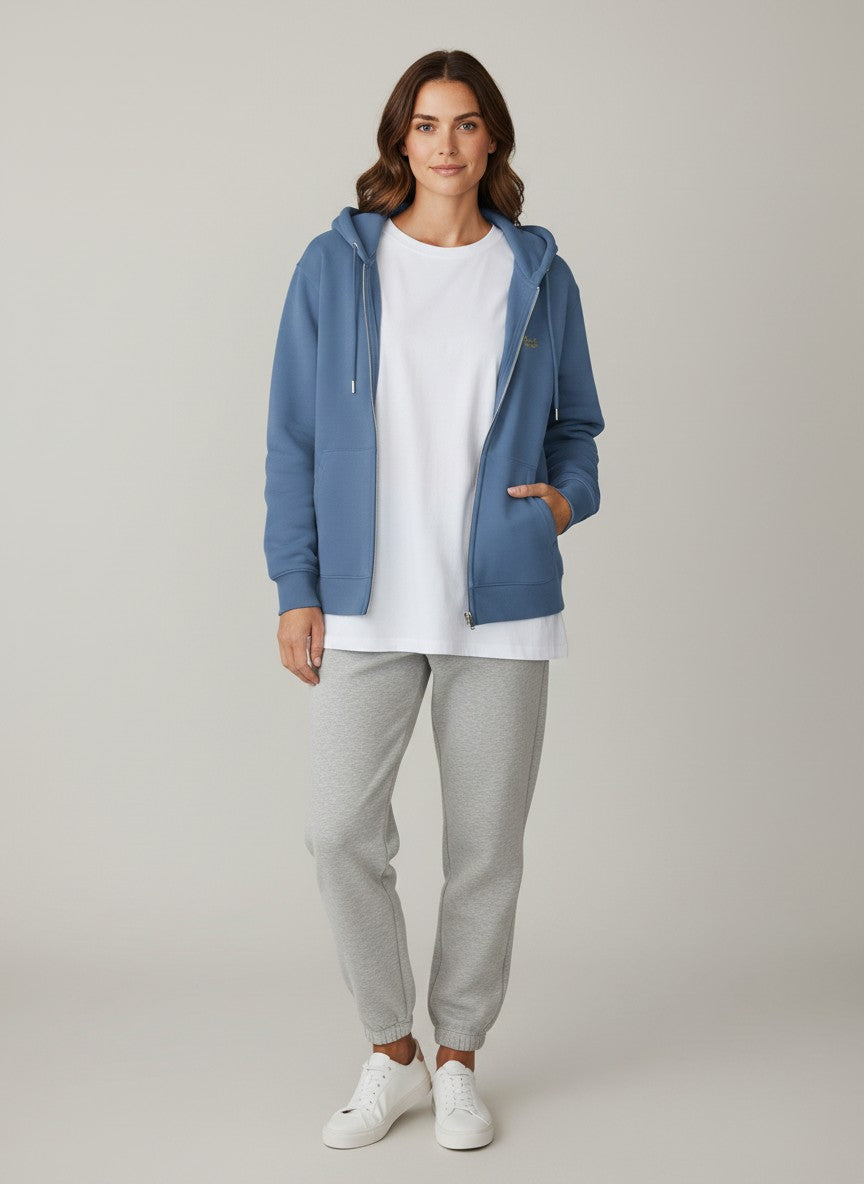 BeachBodyz® blue organic cotton zip hoodie with subtle gold embroidery and front pockets.