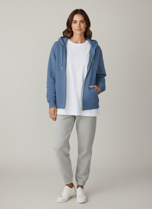 BeachBodyz® blue organic cotton zip hoodie with subtle gold embroidery and front pockets.