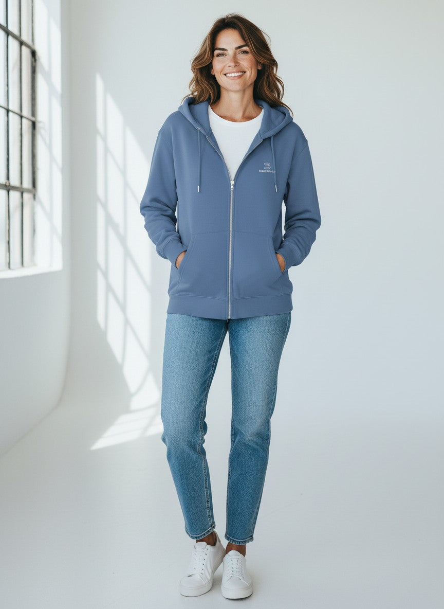 BeachBodyz® blue zip-up hoodie made from organic cotton with embroidered logo and front pockets.