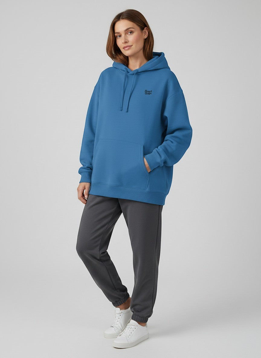 BeachBodyz® blue oversized hoodie made from 400gsm bio-cotton with embroidered logo on chest and kangaroo pocket.