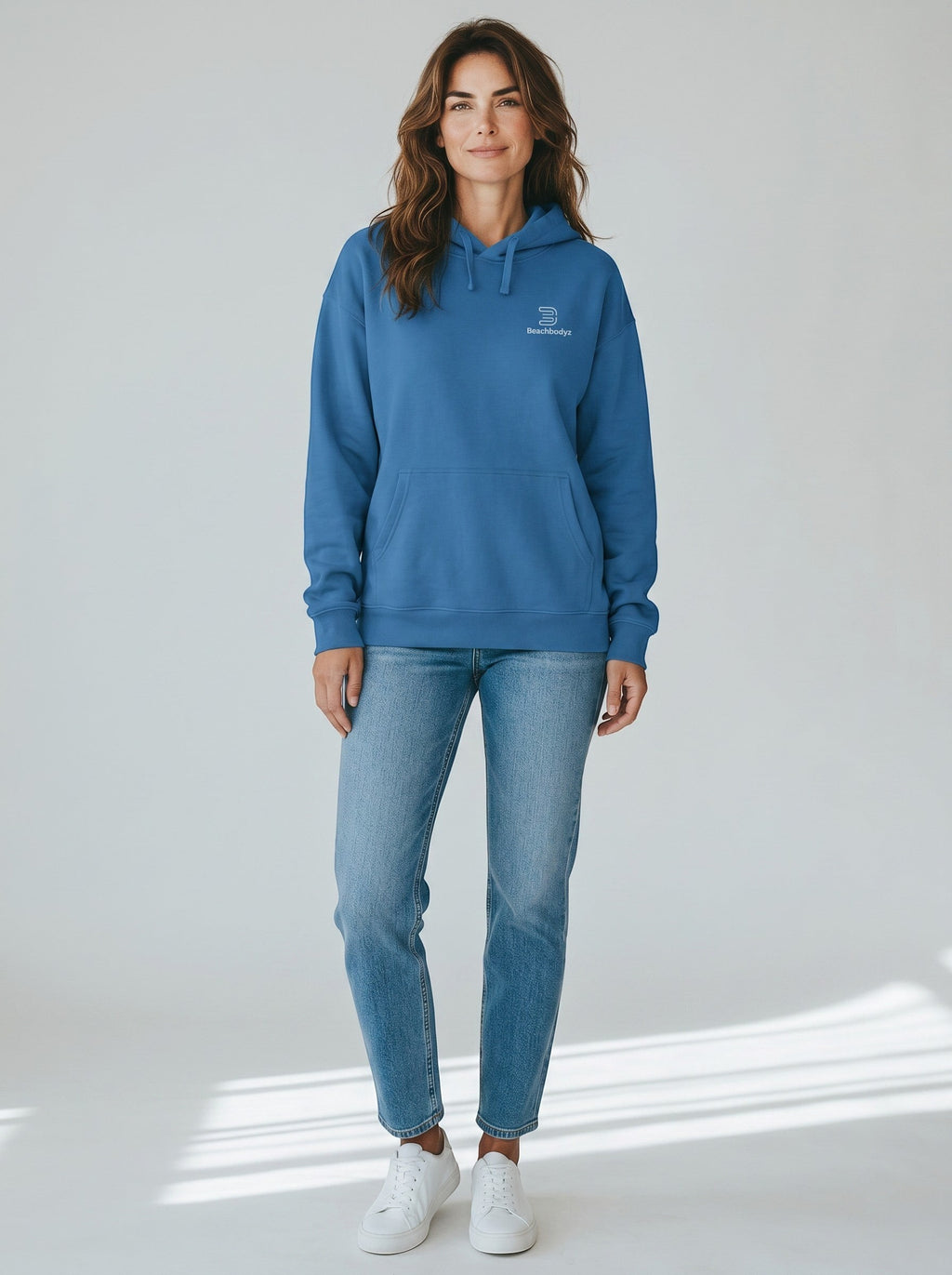 BeachBodyz® blue oversized hoodie made from 400gsm bio-cotton with subtle chest embroidery and a front pocket.