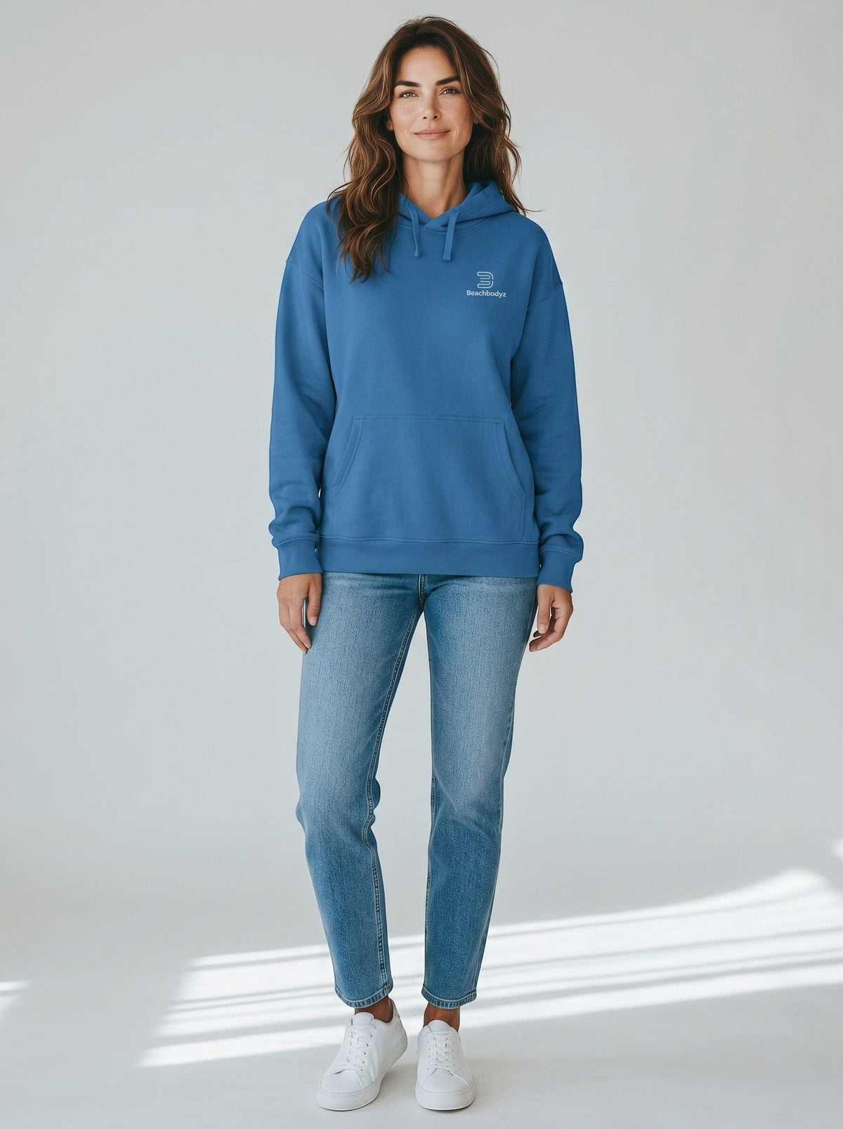 BeachBodyz® blue oversized hoodie made from 400gsm bio-cotton with subtle chest embroidery and a front pocket.