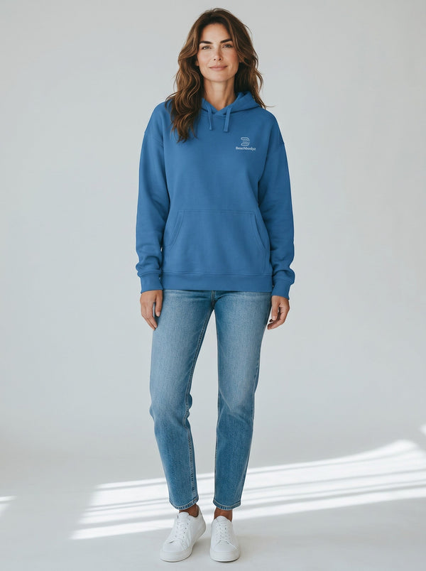 BeachBodyz® blue oversized hoodie made from 400gsm bio-cotton with subtle chest embroidery and a front pocket.