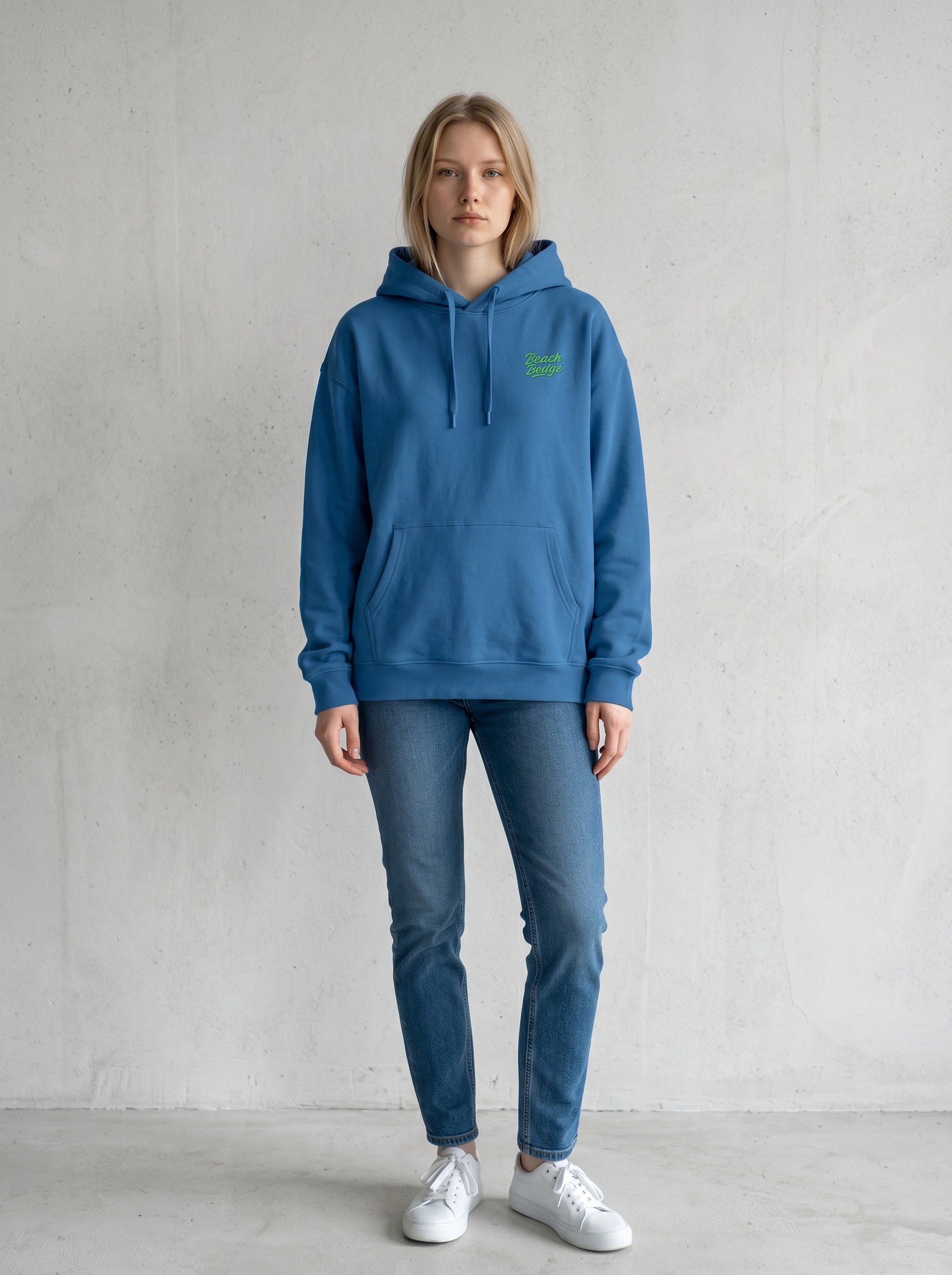 BeachBodyz® blue oversized hoodie made from 400gsm bio-cotton with embroidered logo on chest.