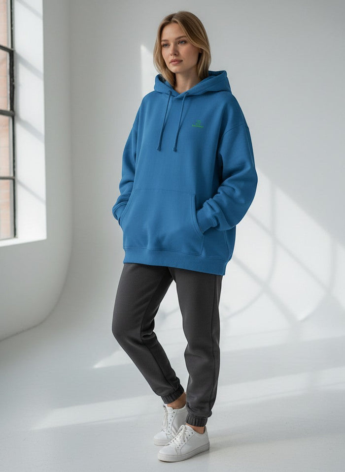 BeachBodyz® blue oversized hoodie made from 400gsm organic cotton with embroidered logo on chest.