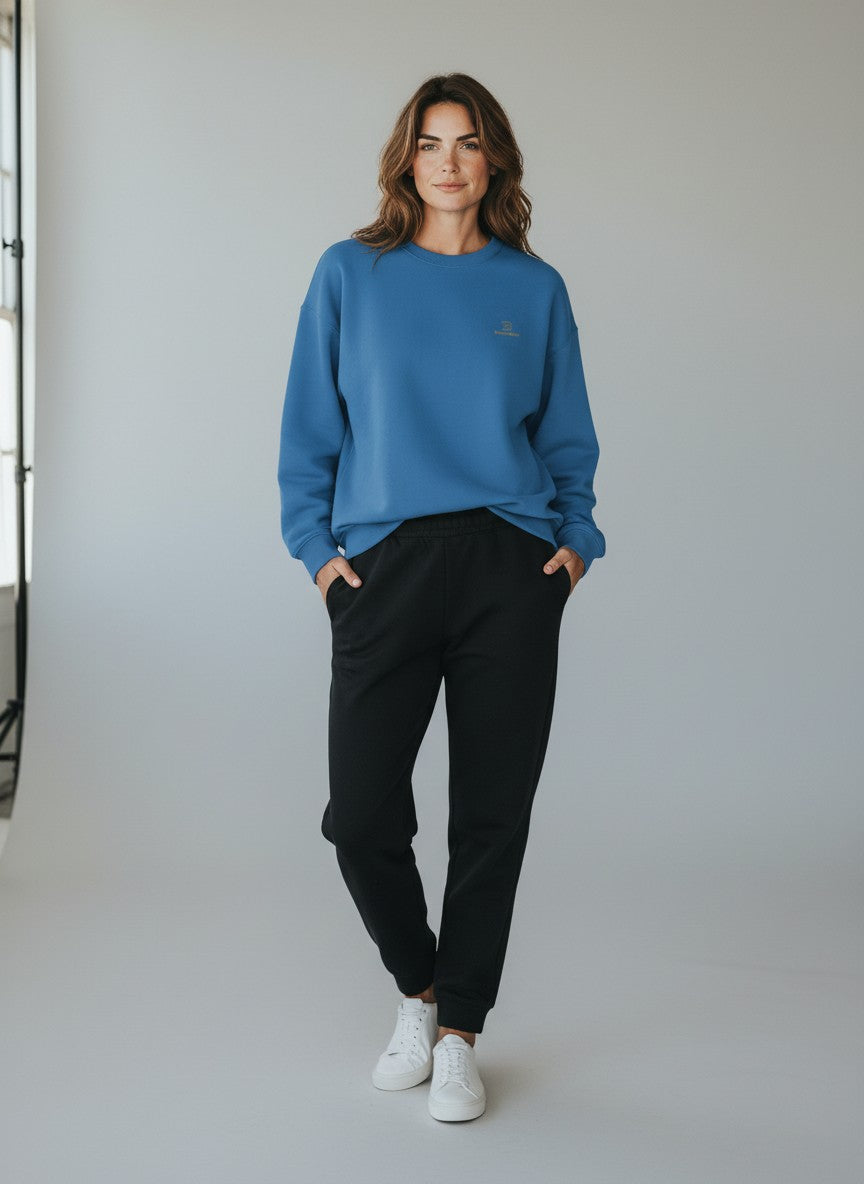 BeachBodyz® blue oversized sweatshirt made from organic cotton with a small embroidered logo on the chest.