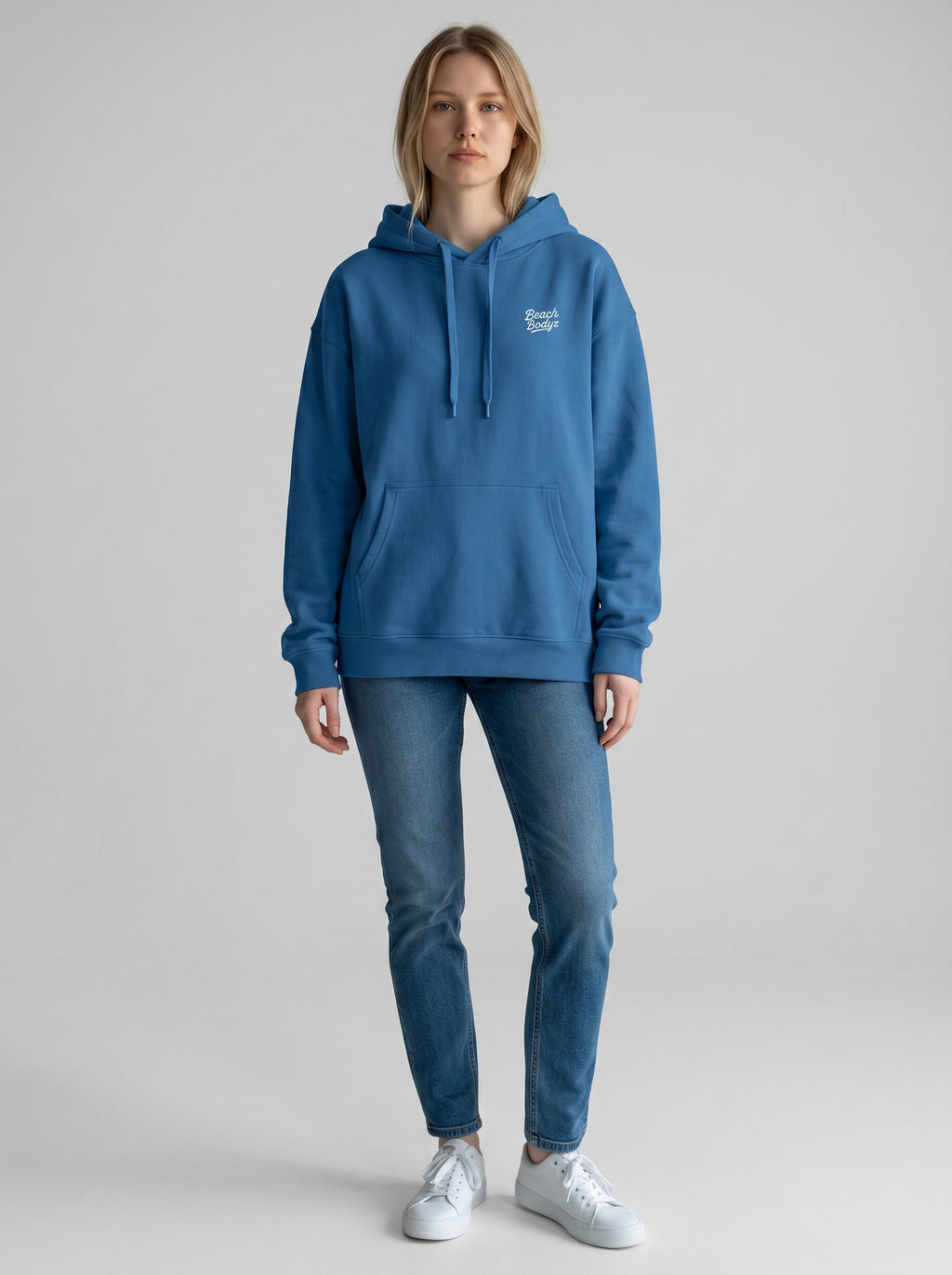 BeachBodyz® blue oversized cotton hoodie with embroidered logo on chest and front pocket.