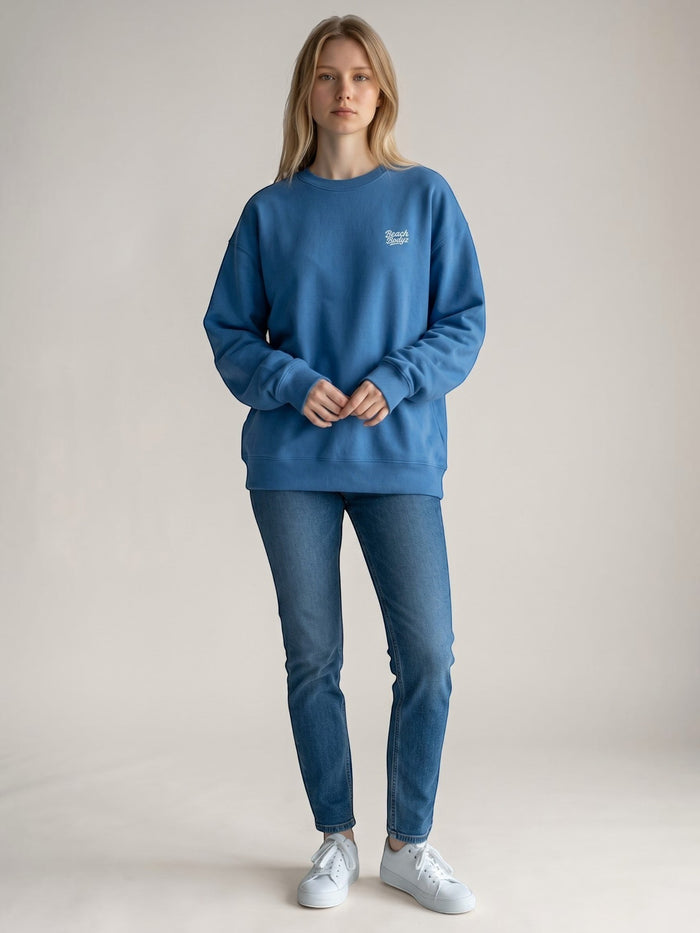 BeachBodyz® blue organic cotton oversized sweatshirt with subtle chest embroidery and crew neck.