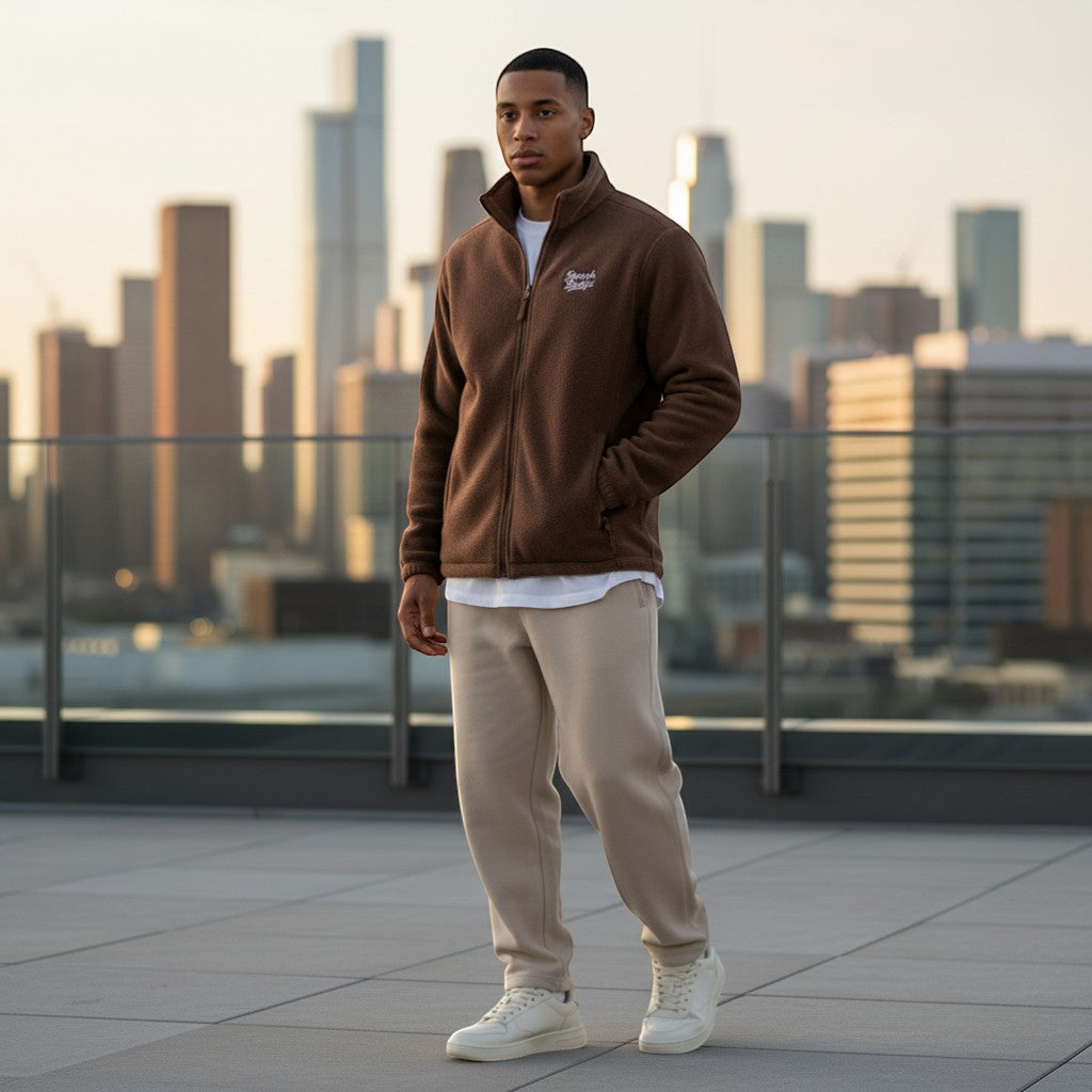 BeachBodyz brown fleece bomber jacket with zip closure and embroidered logo on chest. Warm streetwear style.