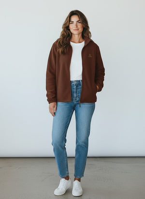 BeachBodyz® brown fleece jacket with zip and embroidered logo. Unisex streetwear style.