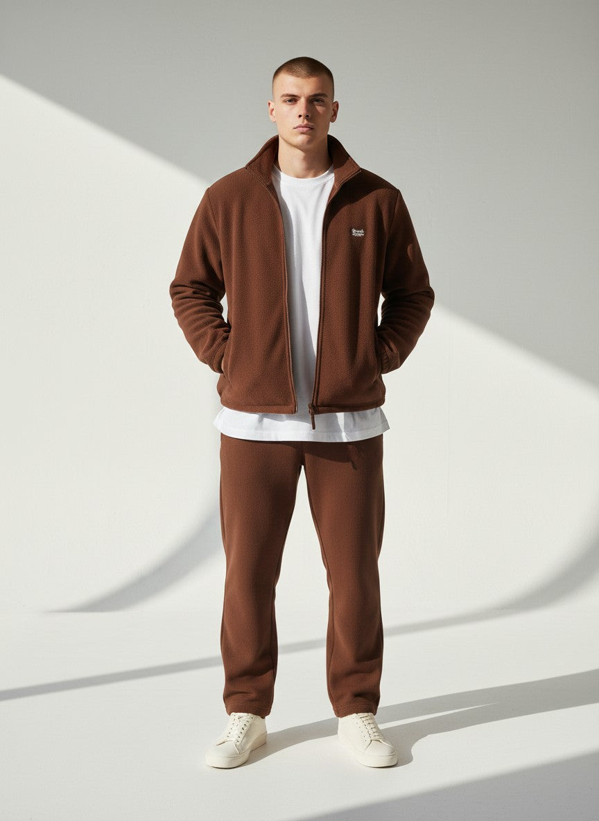 BeachBodyz® brown fleece jacket with zip closure, stand-up collar, and side pockets. Streetwear style.