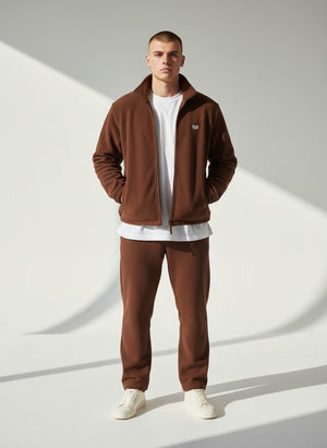 BeachBodyz® brown fleece jacket with zip closure, stand-up collar, and side pockets. Streetwear style.