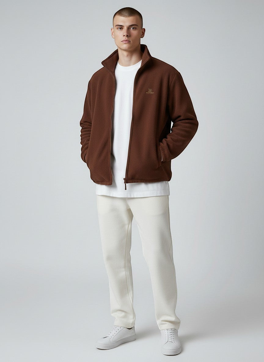 BeachBodyz® brown fleece jacket with zip and subtle logo, ideal for streetwear.
