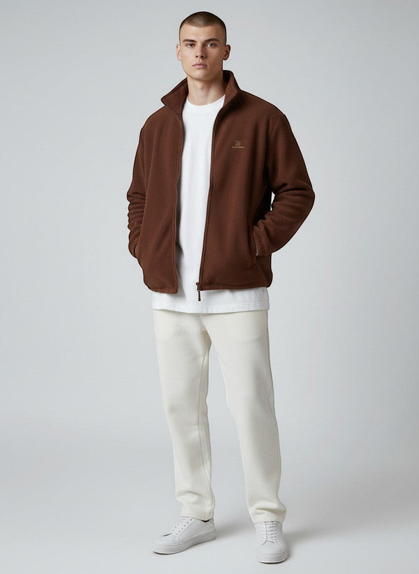 BeachBodyz® brown fleece jacket with zip and subtle logo, ideal for streetwear.