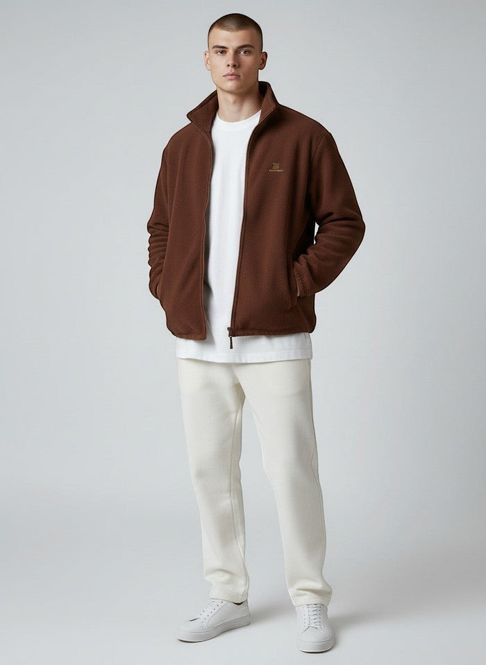 BeachBodyz® brown fleece jacket with zip and subtle logo, ideal for streetwear.