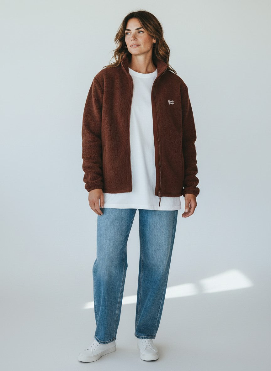 BeachBodyz® brown fleece jacket with zip and embroidered logo on chest, featuring side pockets and a stand-up collar.