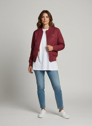 BeachBodyz® burgundy bomber jacket for men and women with classic collar and zip closure, ideal for streetwear.