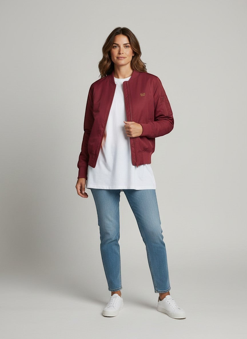 BeachBodyz® burgundy bomber jacket for men and women with classic collar and zip closure, ideal for streetwear.
