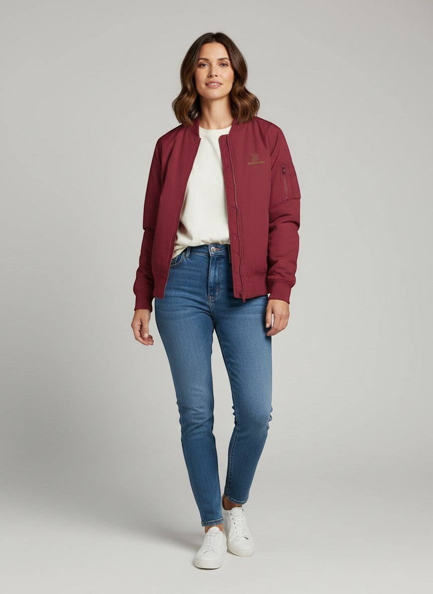 BeachBodyz® burgundy bomber jacket for men and women with zip pockets and sleeve pocket. Streetwear style.